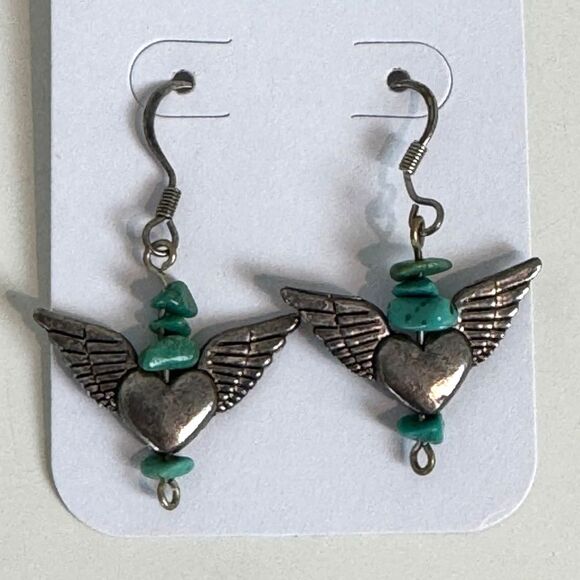 Silver Turquoise Heart Wing Drop Earrings - Picture 1 of 4